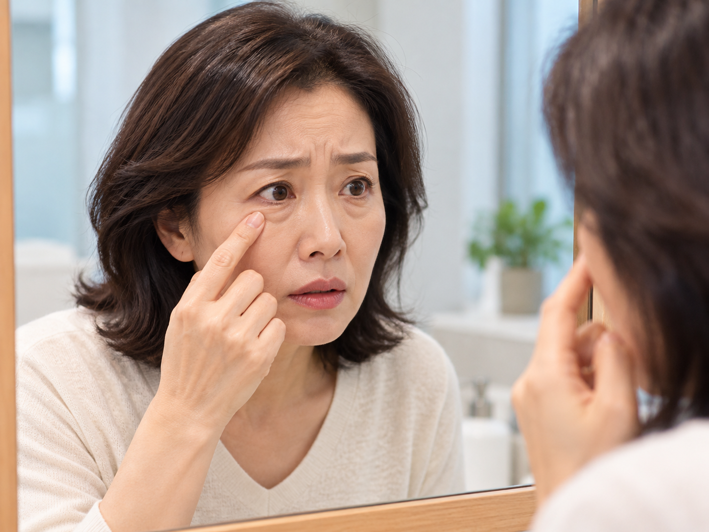눈밑이 파르르 떨려 거울을 확인하는 중년 여성
