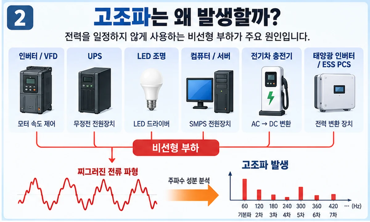 인버터 UPS LED 컴퓨터 전기차 충전기 등 고조파 발생 원인 인포그래픽