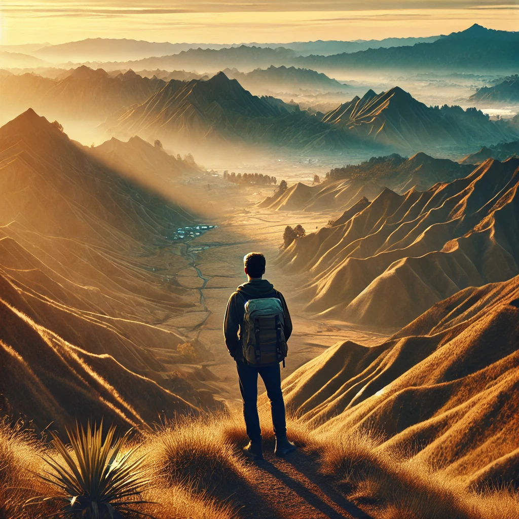 여행중 산위에서 풍경을 바라보기