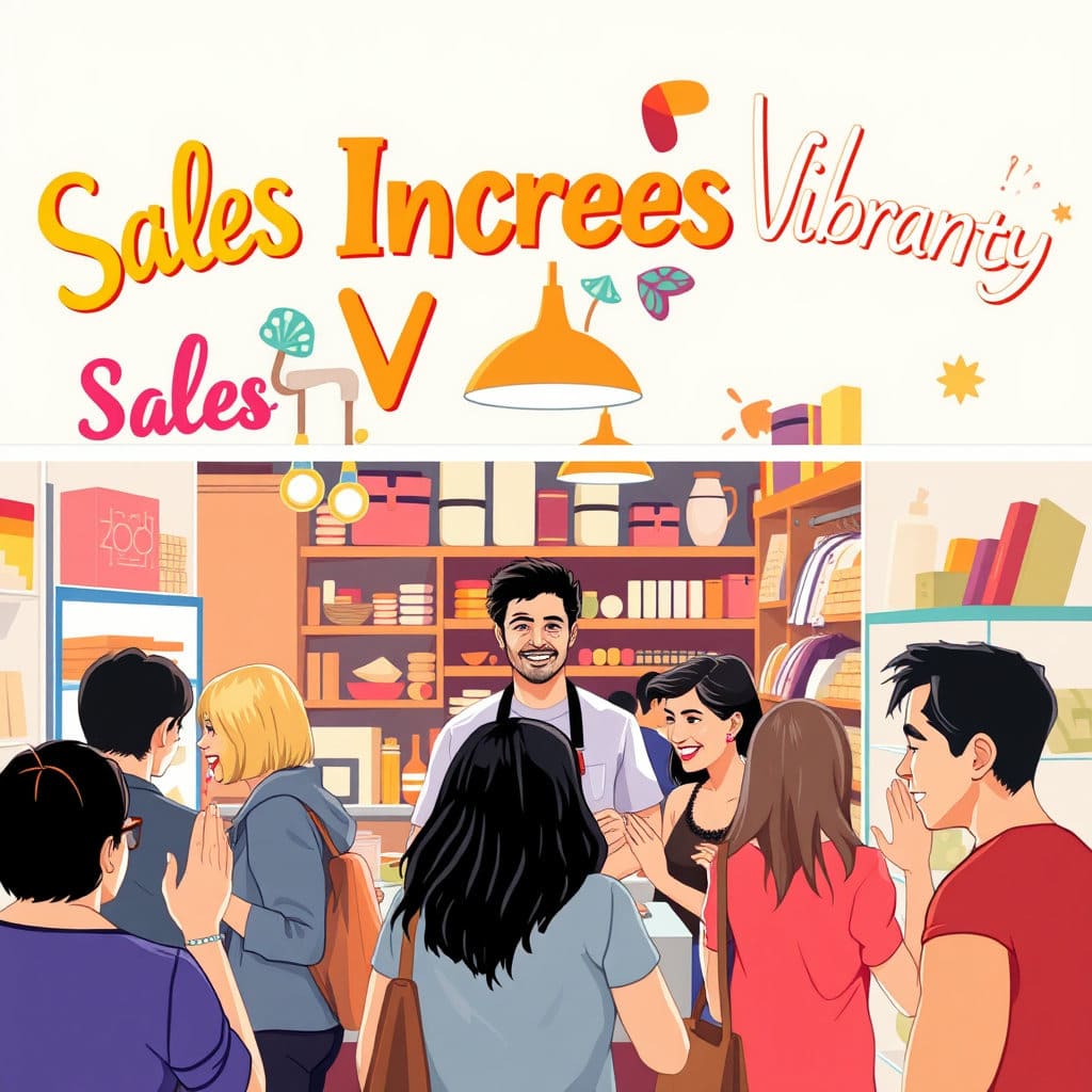 손님들로 북적이는 작은 가게(예: 식당, 옷가게 등)의 모습을 그립니다. 가게 주인과 손님 모두 밝은 표정이며, 가게 위로 '매출 상승', '활기' 등의 긍정적인 단어를 연상시키는 디자인 요소를 추가합니다. (김건호7393님의 자영업자 배경을 고려하여 관련성 높게 표현)