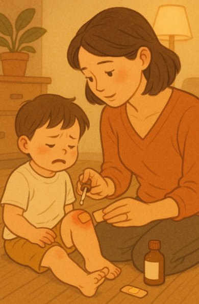 무릎다친 아이에게 엄마가 소독과 밴드를 해주는 엄마