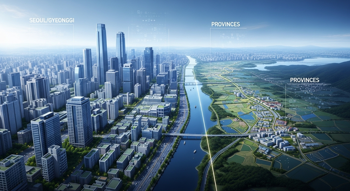 2025년 한국 부동산 시장을 상징하는 이미지. 역동적인 수도권 도시와 성장 잠재력이 있는 지방 지역이 대비되며, 경제 지표들이 배경에 흐르는 모습.