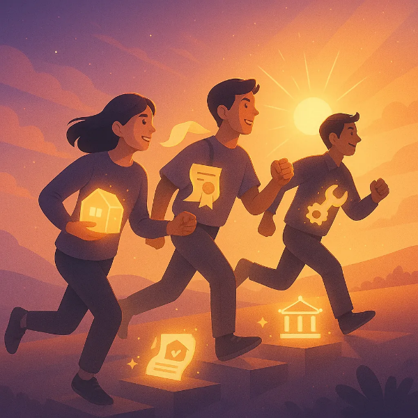 청년들이 상징 아이템과 함께 빛을 향해 나아가는 정부지원 대출 일러스트