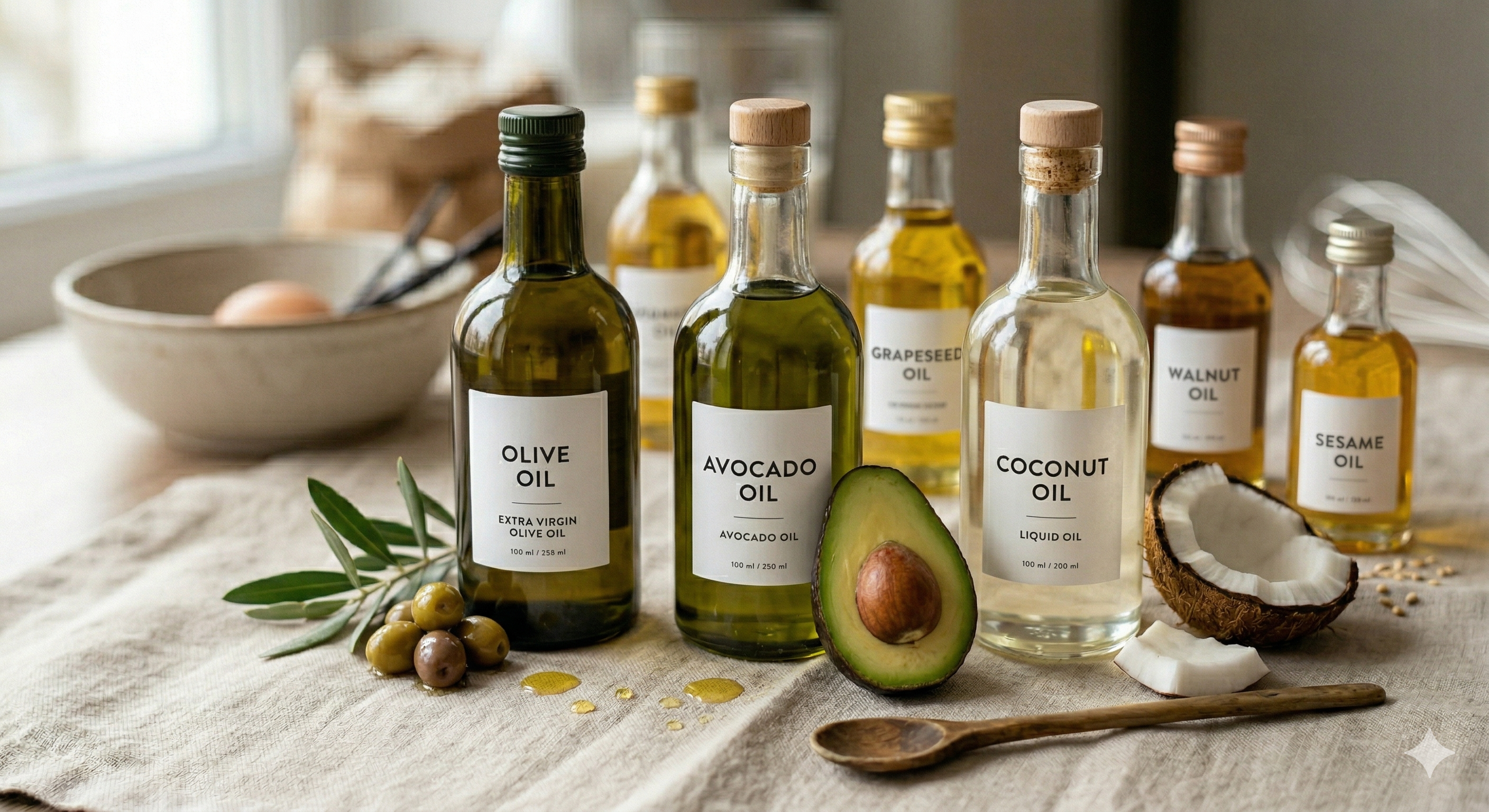 주방 테이블 위에 놓인 아보카도유, 올리브유, 포도씨유 병들
