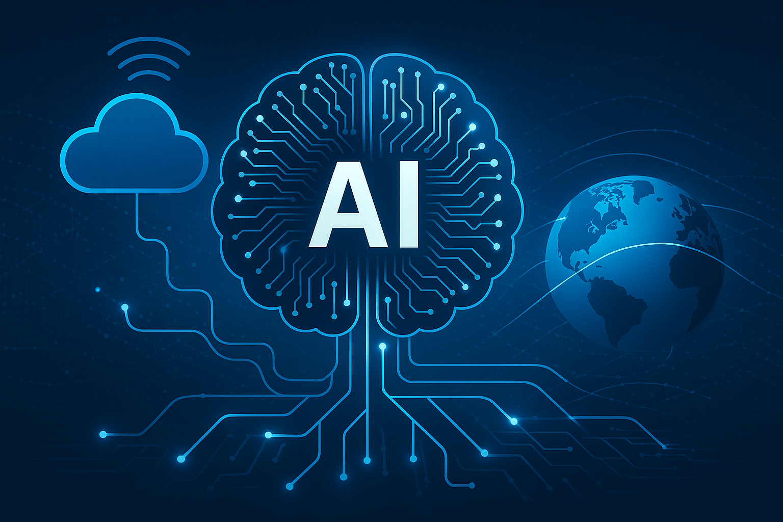 인공지능 기술과 글로벌 데이터 흐름을 상징하는 이미지 인포그래픽