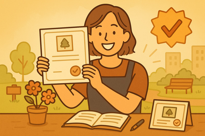 밝게 웃는 여성이 조경기능사 자격증을 들고 책상 앞에 앉아 있는 모습, 옆에는 꽃 화분과 수료증 아이콘이 있음