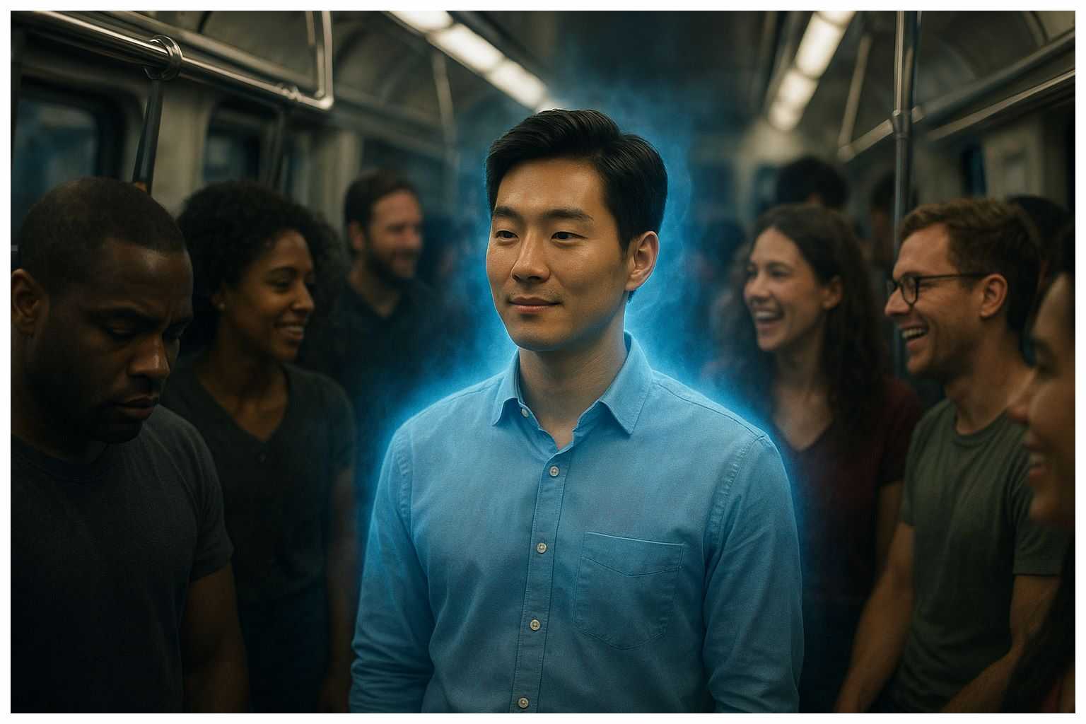 지하철 안에서 다양한 인종의 사람들 사이에 서 있는 한국인 남성이 푸른빛 아우라에 둘러싸여 있는 모습. 이는 체취가 적은 ABCC11 무취 유전자를 은유적으로 표현한 장면.