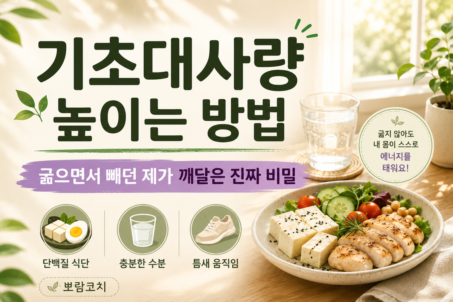 원목 식탁 위에 정갈하게 차려진 두부와 신선한 샐러드가 담긴 건강한 식단 접시