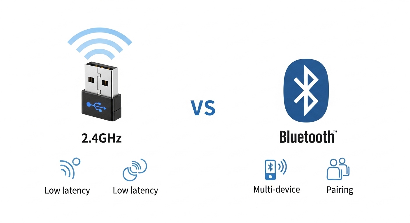 2.4GHz USB 수신기와 블루투스 연결 방식의 장단점을 비교하는 인포그래픽