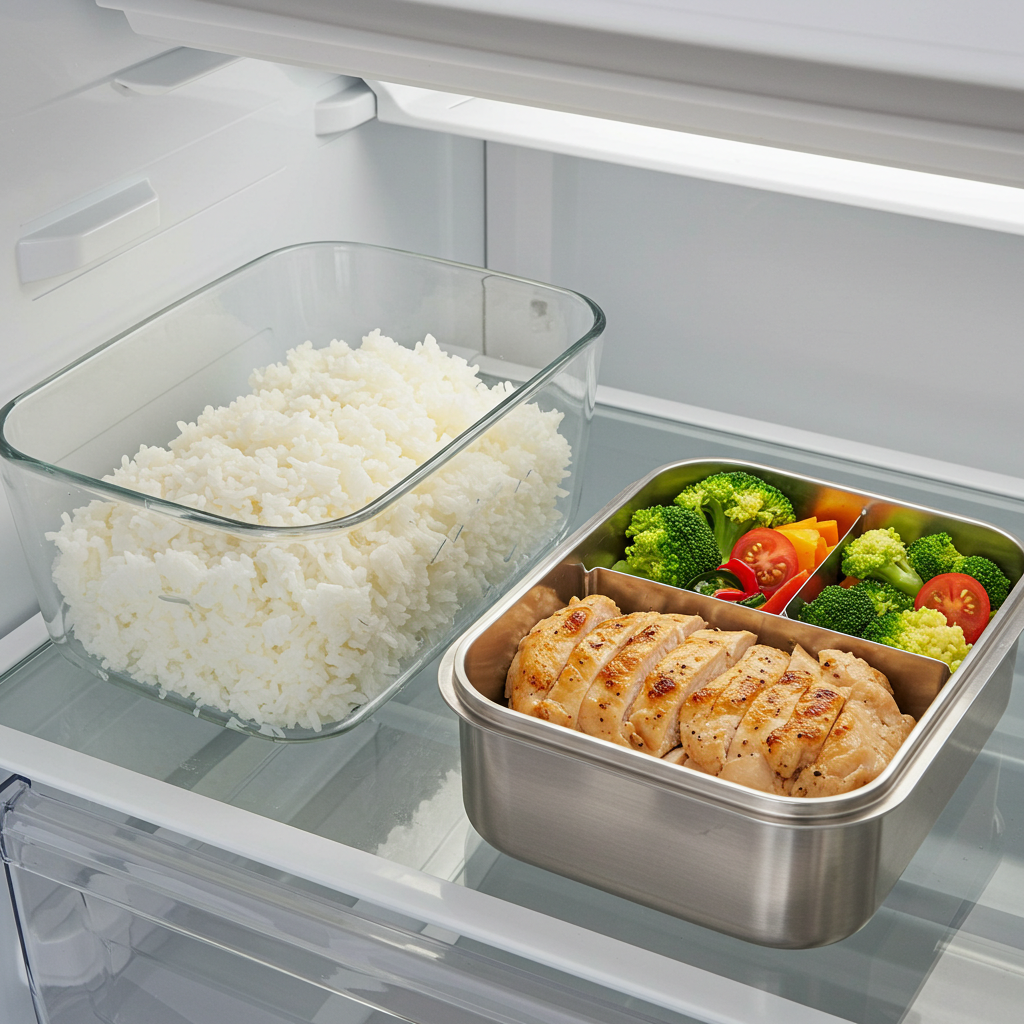 현대적이고 밝은 조명의 냉장고 안에, 조리된 흰쌀밥이 담긴 투명한 유리 용기가 있는 사실적인 이미지