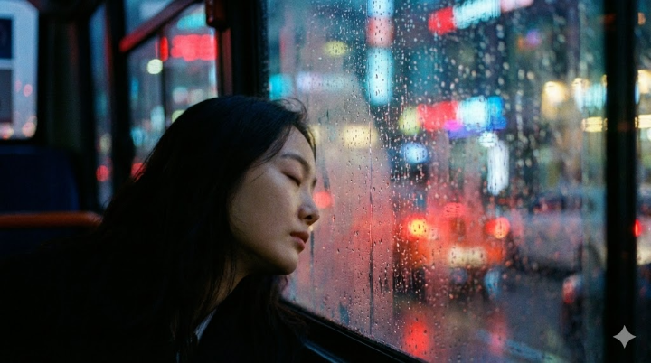 비 내리는 퇴근길 버스 창가에 머리를 기대고 있는 김민하(오미선)의 옆모습