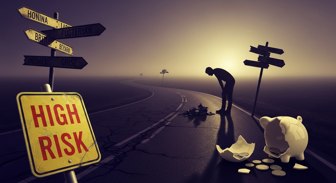 P2P 투자의 위험 요소를 상징하는 이미지. 부서진 표지판과 위험 경고가 있는 어두운 길을 보여줍니다.