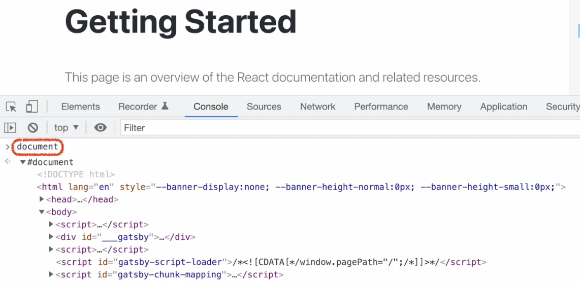 브라우저 콘솔에서 document 객체 확인 화면