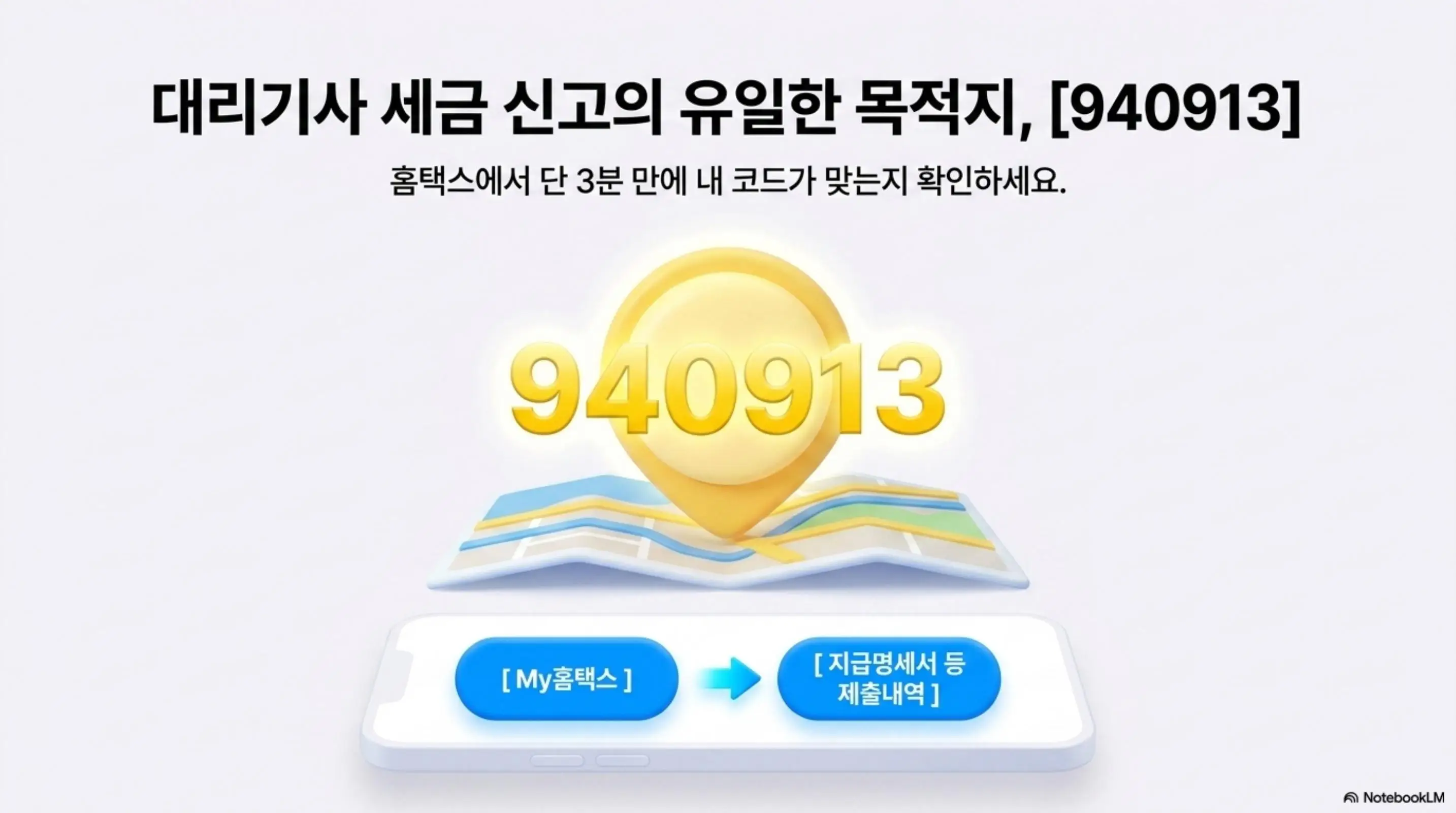 대리기사 종합소득세 업종코드: 대리기사 업종코드 940913을 홈택스에서 확인하는 방법을 안내하는 인포그래픽. 스마트폰 위에 지도와 금화 핀이 놓여 있고 하단에 My홈택스에서 지급명세서 등 제출내역으로 이동하는 경로가 버튼 형태로 표시되어 있으며 '홈택스에서 단 3분 만에 내 코드가 맞는지 확인하세요'라는 문구가 포함된 이미지