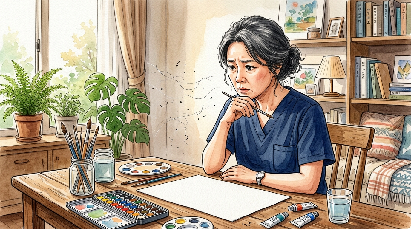 수채화 도구를 앞에 두고 하얀 도화지를 바라보는 중년 여성이 눈앞의 날파리 형태의 잔상을 느끼며 걱정스러운 표정을 짓고 있는 모습.