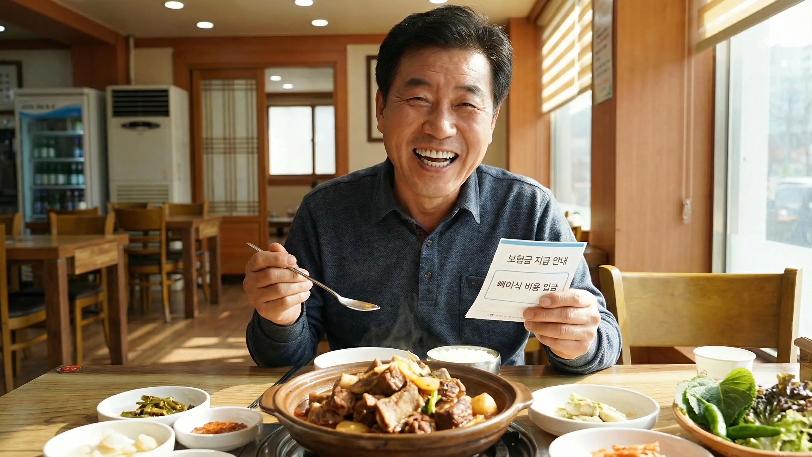 보험금을 청구하여 뼈이식 비용을 돌려받고 기뻐하며 튼튼한 임플란트로 식사하는 모습