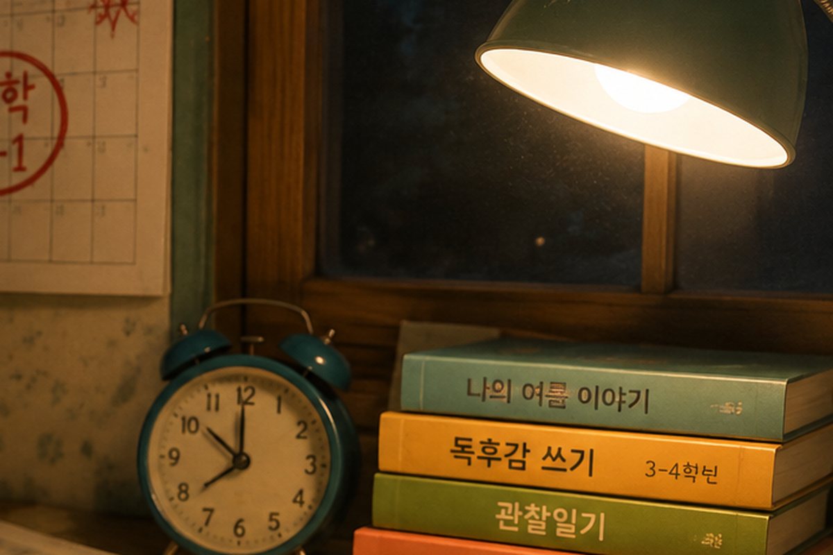 개학 하루 전 달력과 알람시계 옆에 독후감과 관찰일기 책이 쌓여 있는 모습