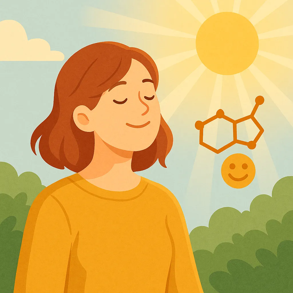 햇빛을-받으며-평온하게-미소짓는-여성의-모습-햇빛이-세로토닌-분비를-촉진하여-기분-안정과-행복감을-높여주는-과정을-상징적으로-표현한-장면