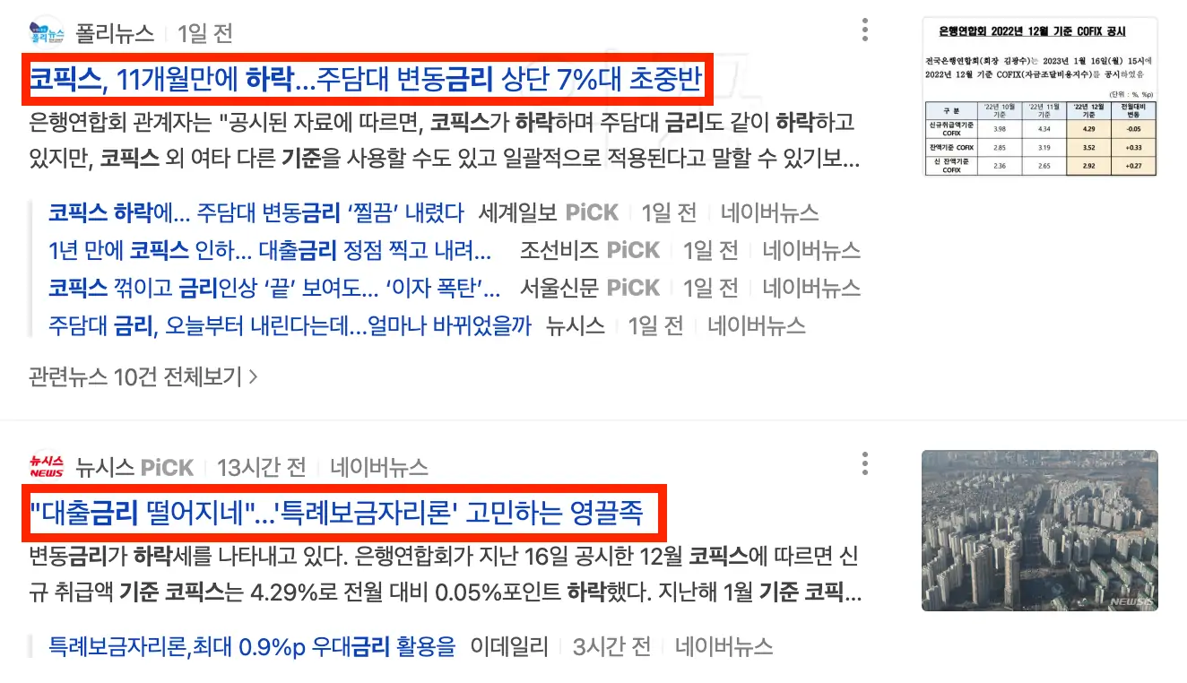 코픽스 기준금리 하락 관련 뉴스 기사