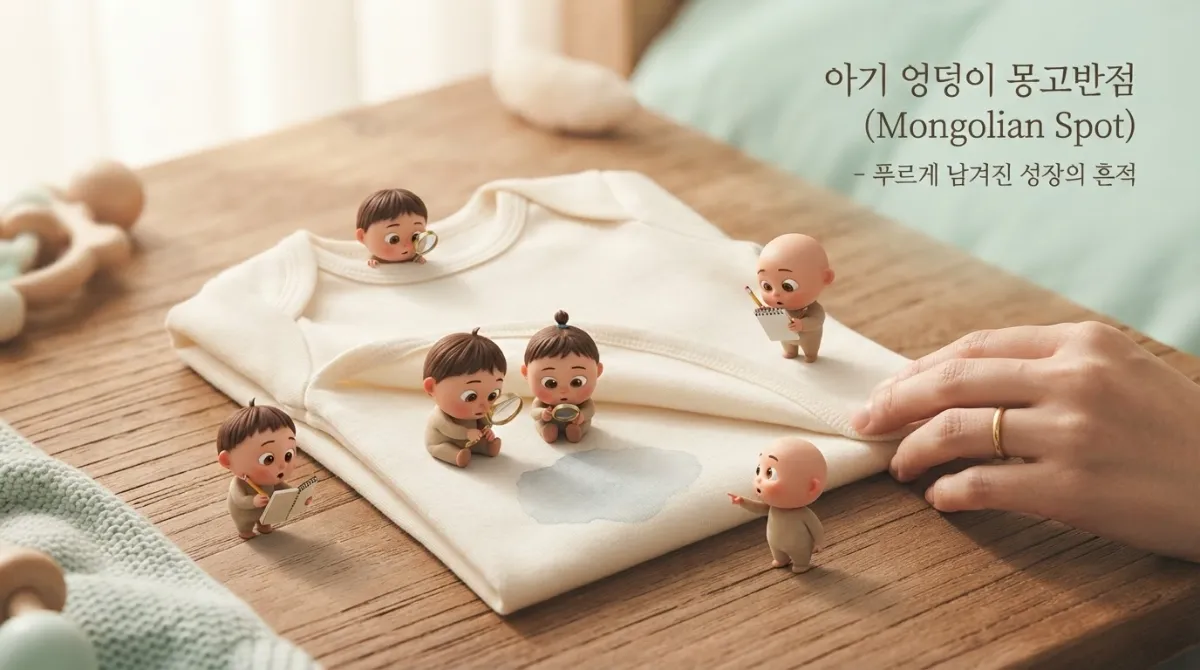 미니미 캐릭터들이 아기 옷가지 위 푸른색 몽고반점을 탐구하는 매크로 라이프스타일 컷