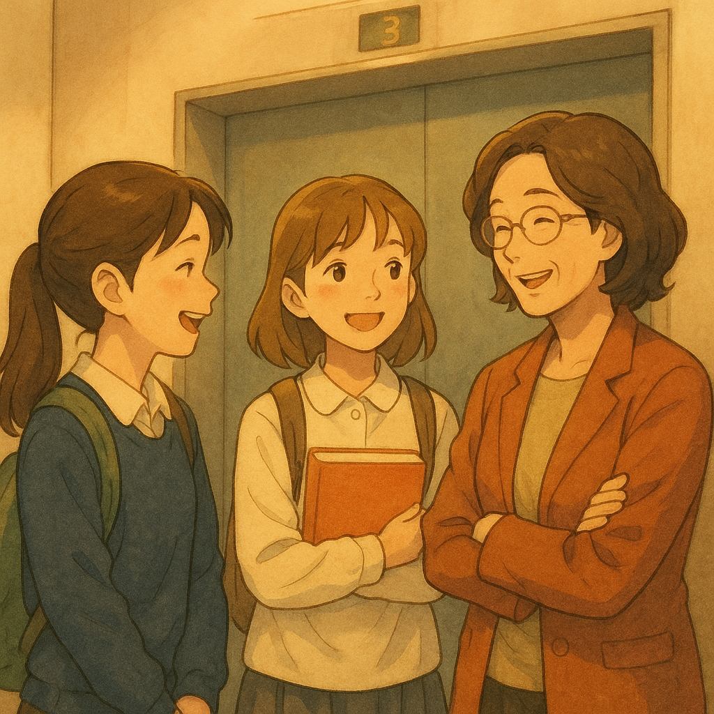 엘리베이터 앞에서 이야기하는 여학생들과 중년 여성 교수 &ndash; 성평등 이후 인간관계의 상징