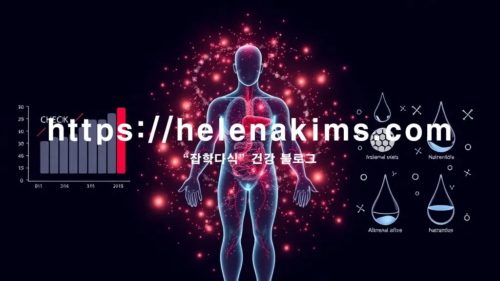 인체 간의 투명하고 빛나는 실루엣이 중앙에 있고, 그 주위를 혈액 속 알부민 분자 구조를 상징하는 섬세한 빛의 입자들이 감싸며 흐르는 듯한 모습.