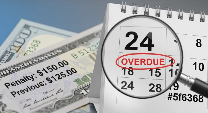 날짜가 지난 달력과 쌓여가는 고지서, 불어나는 가산세를 상징하는 이미지