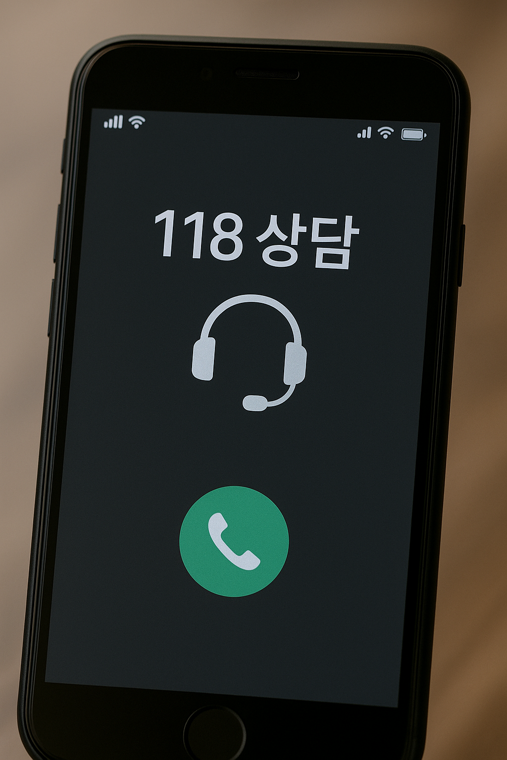 스마트폰 화면에 ‘118 상담’이 크게 표시된 제네릭 상담 화면과 통화 버튼(기관 로고·개인정보 없음)