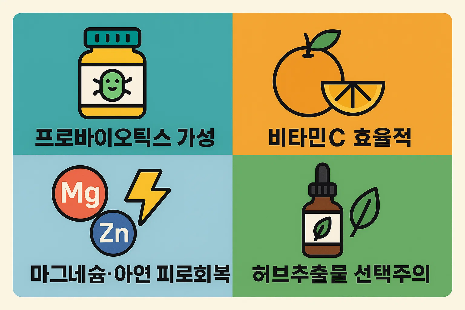 프로바이오틱스, 비타민 C, 마그네슘, 아연, 허브추출물 등 가성비 성분의 효과와 선택 시 주의사항을 분석한 건강보조제 인포그래픽입니다.