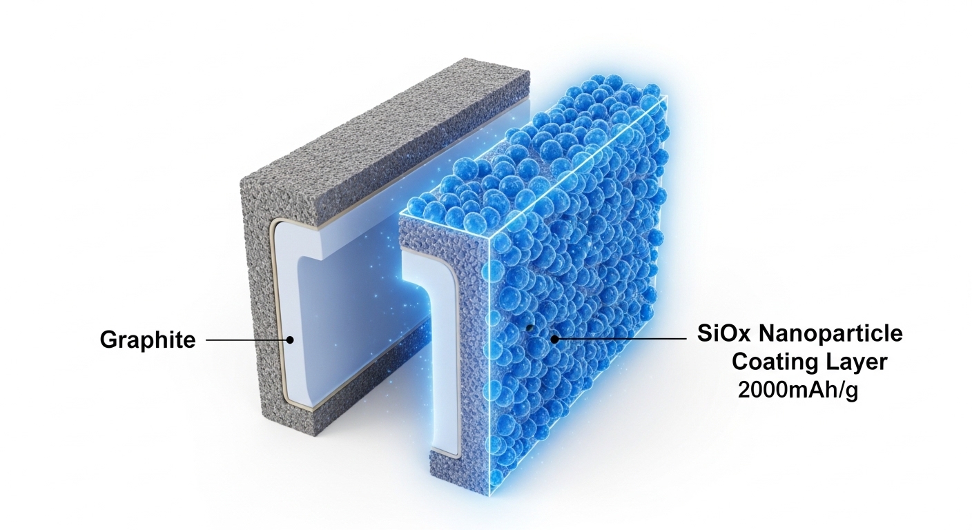 Silicon oxide SiOx anode material microscopic cross section diagram. Left: graphite anode 372mAh/g stable small particles. Right: SiOx nanoparticle coating layer 2000mAh/g glowing blue high energy. Center: expansion comparison 10% vs controlled with coating arrows. Gen#6 badge ICE 90% green. Clean scientific blue white infographic. English labels only.