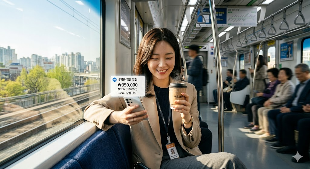 4월의 첫날, 활기찬 아침 햇살이 비치는 출근길 지하철 안에서 '월급'보다 든든한 '배당금 입금 알림'을 보며 미소 짓는 직장인의 모습