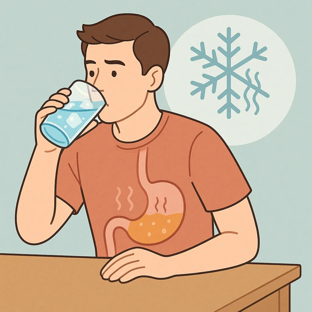 얼음이-들어있는-찬-물을-마시는-남성의-몸속에서-위가-차가워지며-소화-기능이-둔화되는-모습을-표현한-소화-생리학적-일러스트