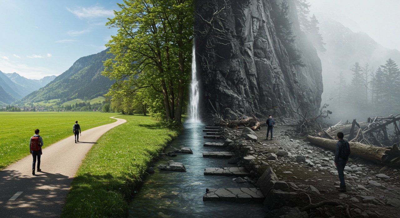 중앙의 개천으로 구분되는 극명한 대비의 양쪽 길