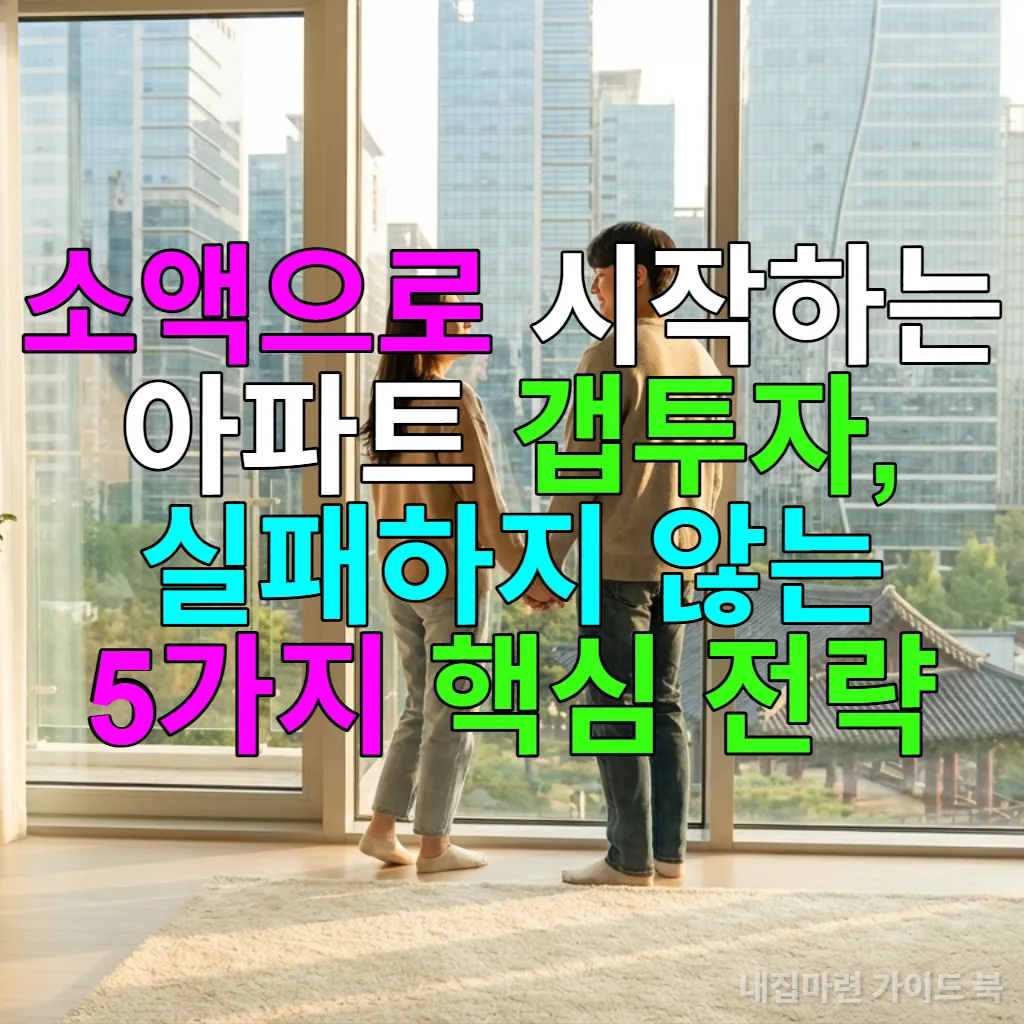 젊은 한국인 부부가 아파트 창밖을 보며 미소 짓는 모습, 성공적인 소액 갭투자를 상징