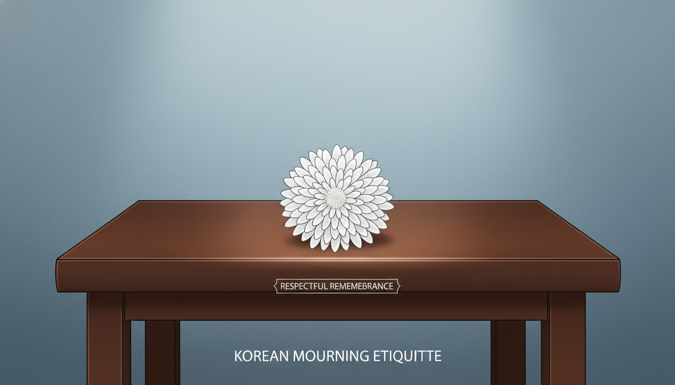 어두운 나무 테이블 위에 놓인 차분하고 경건한 분위기의 하얀 국화꽃 그래픽 이미지
