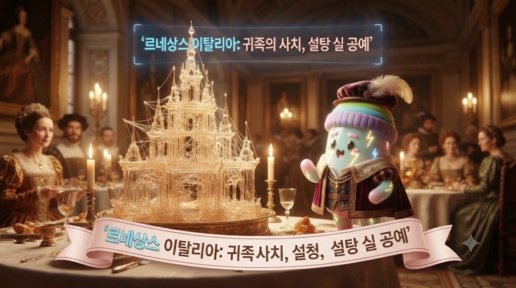 르네상스 시대 이탈리아의 화려한 베네치아 귀족 연회장 테이블을 구경하고 있습니다. 쫀쿠는 벨벳 망토를 두르고 가면을 쓴 귀여운 모습입니다. 테이블 중앙에는 은식기 위에 유리 돔처럼 장식된, 설탕을 가늘게 뽑아 만든 정교하고 예술적인 '설탕 실(spun sugar)' 조형물이 빛나고 있습니다. 당시 설탕이 얼마나 귀한 사치품이었는지 보여주는 역사적인 장면입니다.