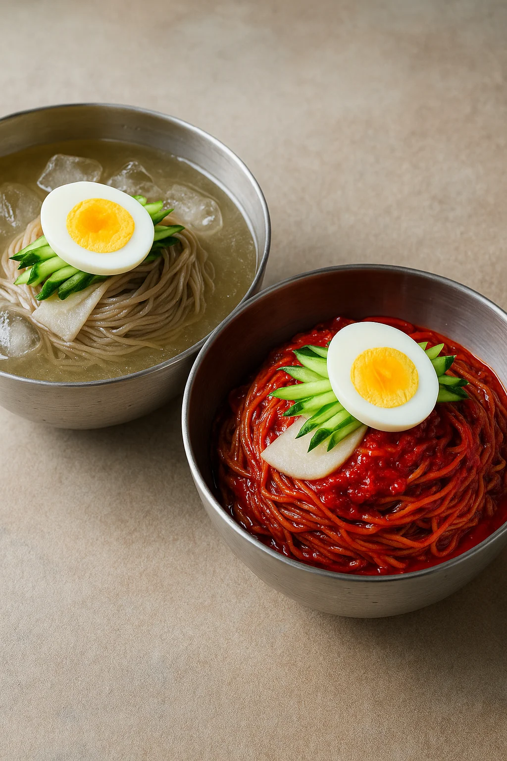 시원한 냉면 사진, 물냉면과 비빔냉면이 나란히 담긴 한 장면.
얼음이 동동 띄워진 투명한 육수, 얇고 탱탱한 메밀면,
붉은 양념과 오이, 배, 삶은 달걀이 어우러진 비빔냉면.
여름의 청량함과 매콤함이 느껴지는 고해상도 사진 스타일로 표현