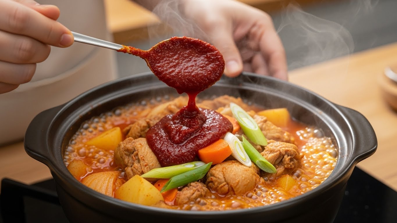 닭볶음탕에 양념을 넣고 끓이는 조리 과정