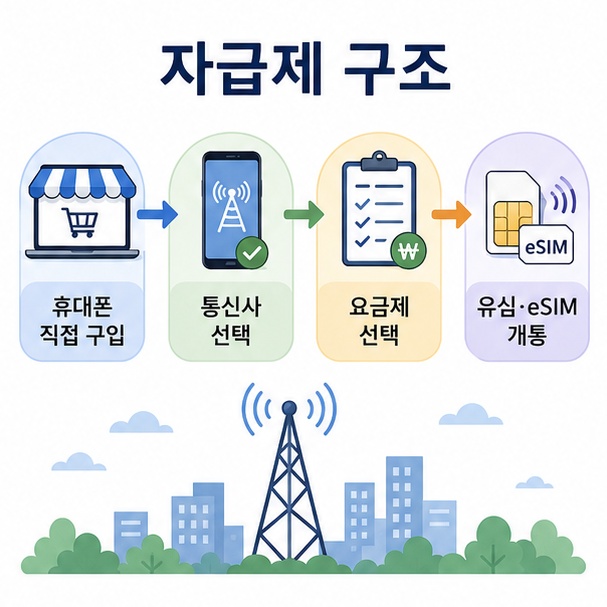 휴대폰 직접 구입 후 통신사와 요금제를 선택하고 유심이나 eSIM으로 개통하는 자급제 과정을 정리한 이미지