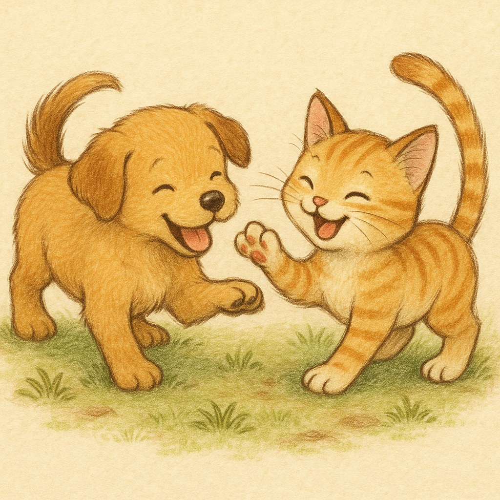 고양이와 강아지가 신나게 같이 놀아요.