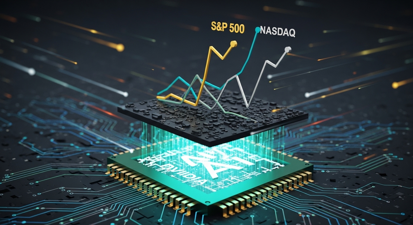 반도체 칩(엔비디아 등)이 S&amp;P500과 나스닥 지수 그래프를 힘차게 밀어 올리는 모습