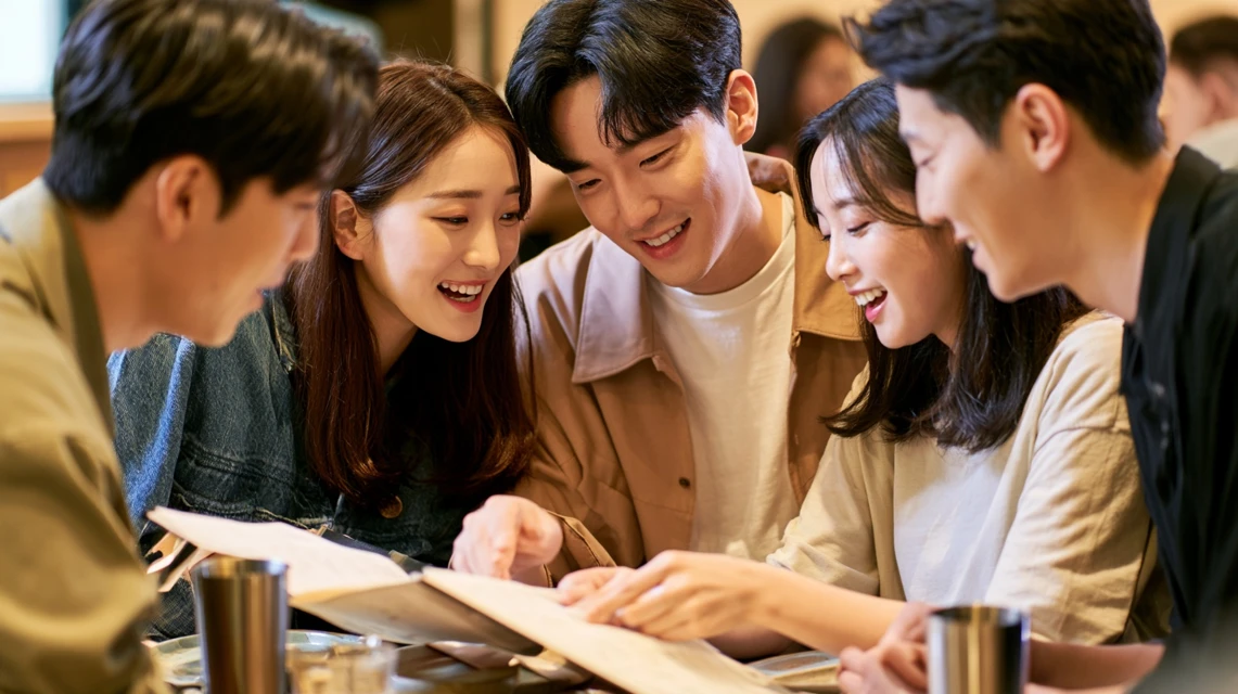 다 같이 안심하고 회식 메뉴를 즐기는 모임원들