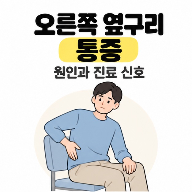 오른쪽 옆구리 통증이라는 제목 아래 의자에 앉아 오른쪽 옆구리에 손을 댄 남성을 그린 그림
