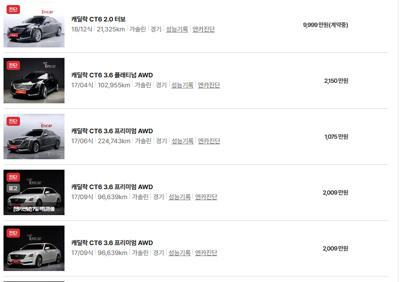 캐딜락 CT6 중고차 가격 시세표 유지비