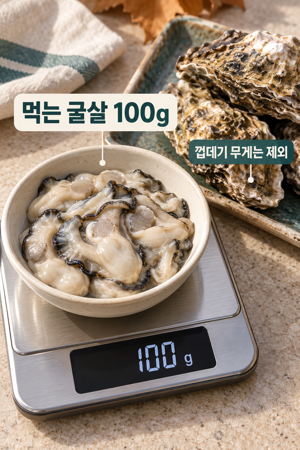 껍데기를 제외한 생굴살 100g과 별도로 놓인 석화.