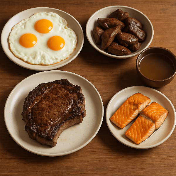 카니보어 식단 예시 4가지가 한 식탁 위에 정돈된 모습