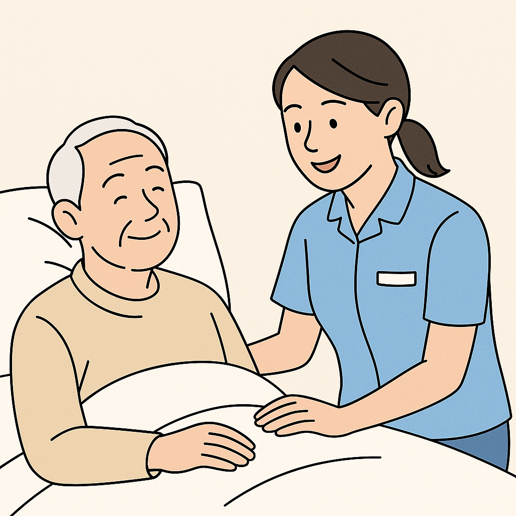 환자 옆에서 미소 짓는 요양보호사 일러스트