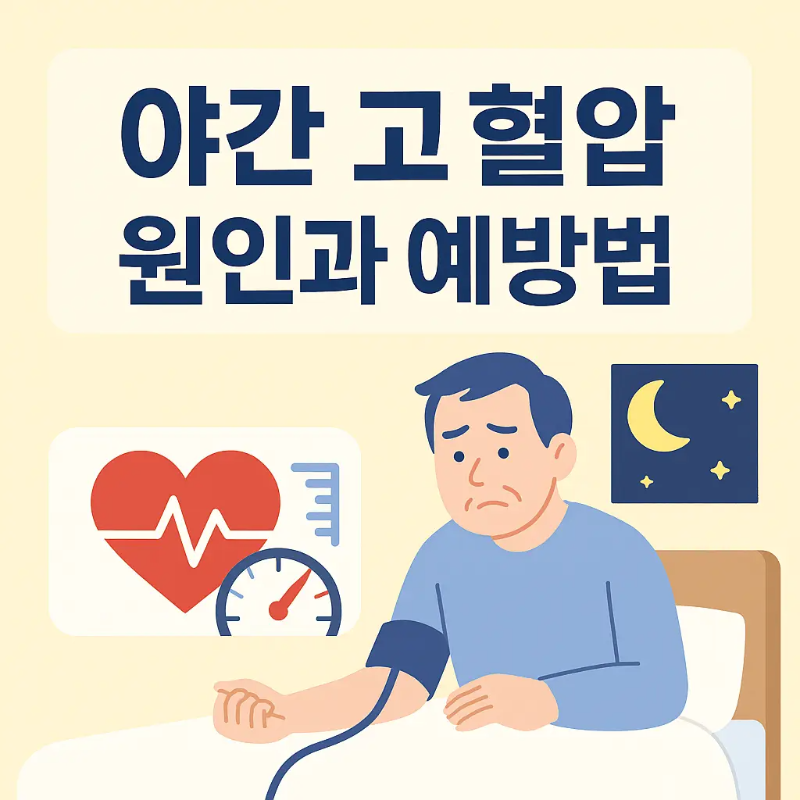 야간 고혈압 원인과 예방법 – 밤에 혈압 측정하는 남성 일러스트와 심장 아이콘이 포함된 건강 정보 썸네일