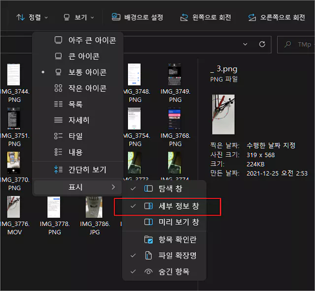 이미지를 세부 정보창으로 설정한 경우