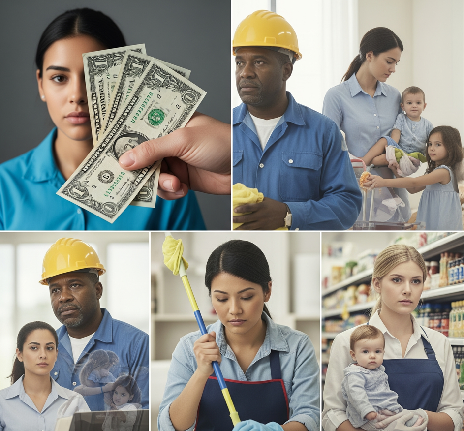 최저시급을 상징하는 지폐를 쥔 손과, 묵묵히 일하며 가족을 부양하는 다양한 노동자들의 모습. 그들 뒤에는 가족의 희미한 형상이 보이며 노동의 책임감과 사랑을 상징한다.